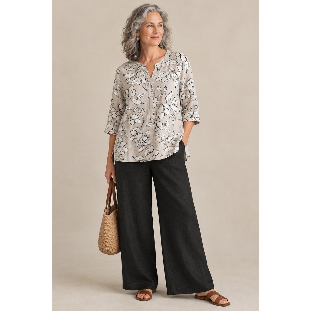 J Jill Linen Top Sz L Neutral Floral Lagenlook Artsy